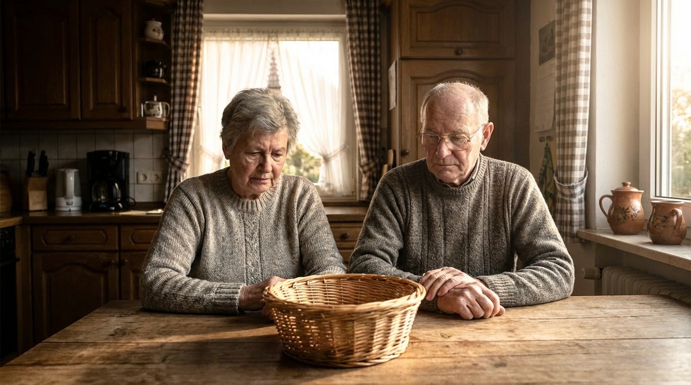 Hans und Irmgard Müller am Frühstückstisch – der leere Brotkorb erinnert täglich an den fehlenden Bäcker