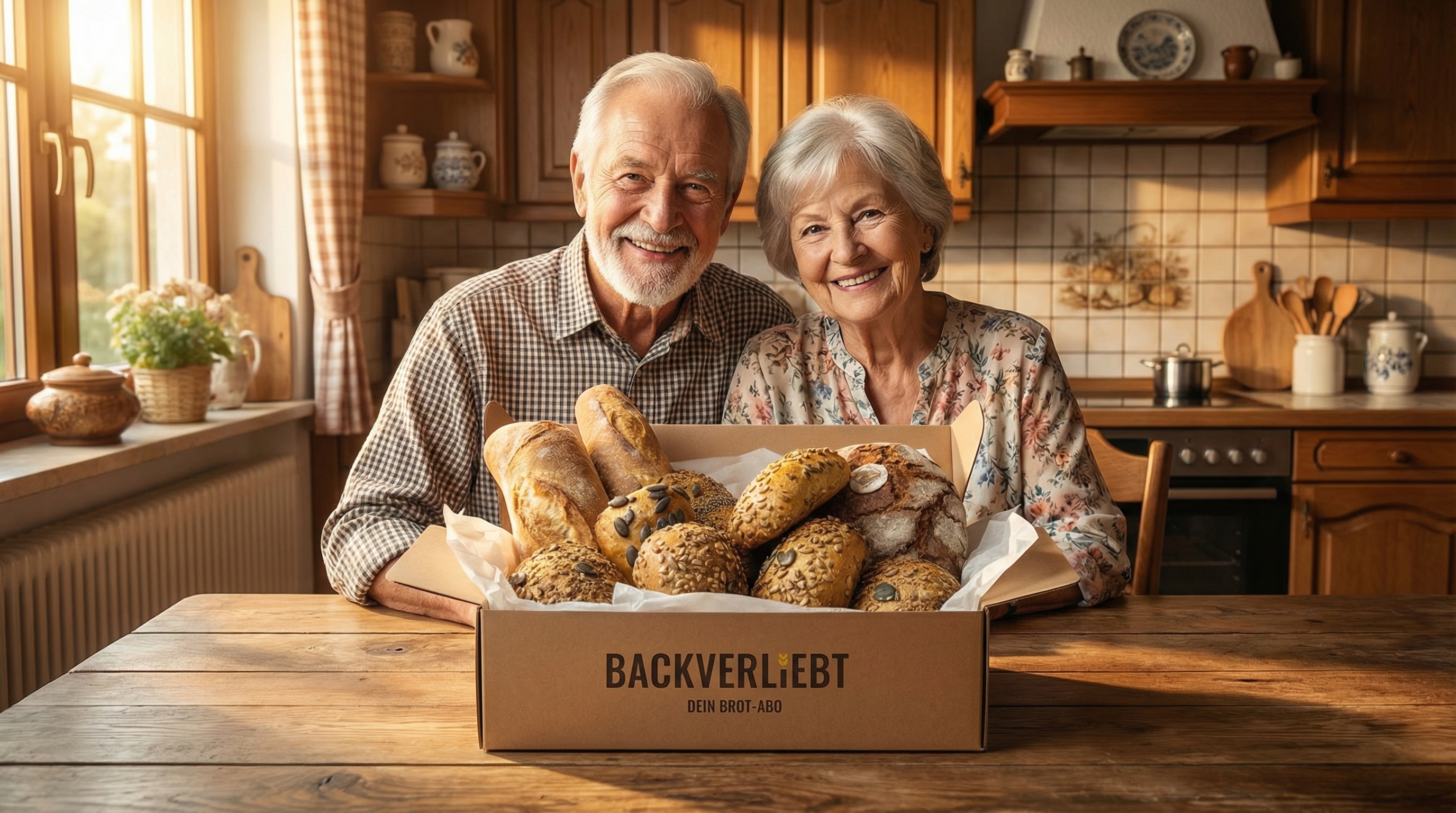 Ehepaar freut sich über frische Backverliebt-Lieferbox auf dem Küchentisch